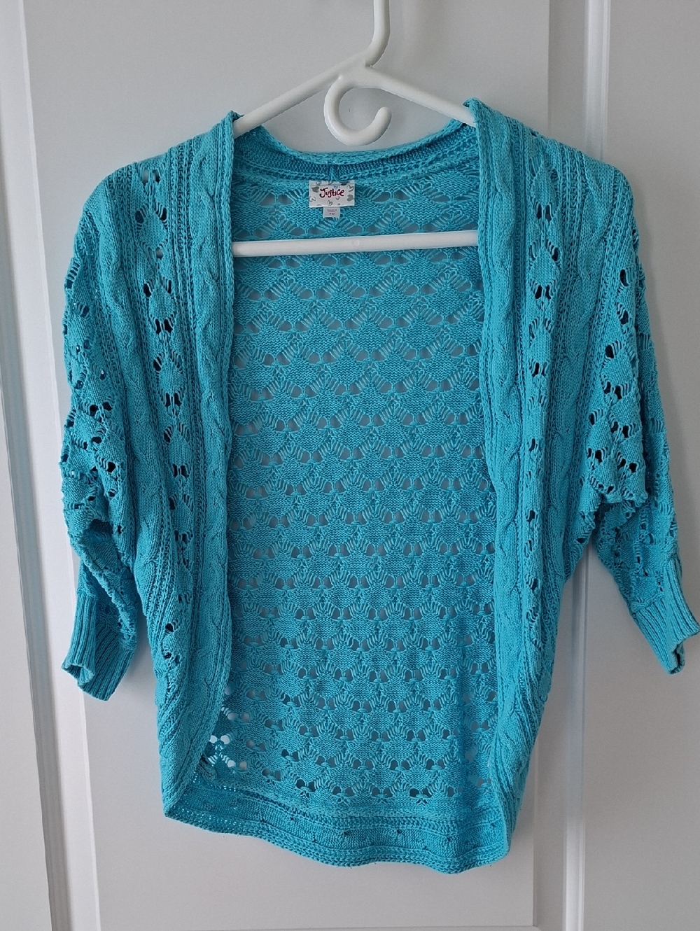 Justice Aqua Crochet Open-Front Cardigan Size 10